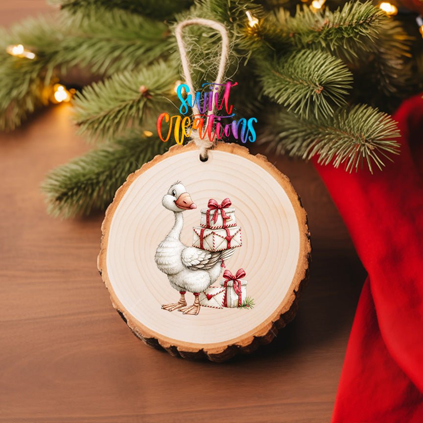 Christmas Gift Goose Ornament UV DTF Transfer | White Goose Carrying Cream Presents with Red Bows | O-2255 - Swiit Creations