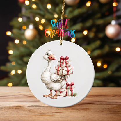 Christmas Gift Goose Ornament UV DTF Transfer | White Goose Carrying Cream Presents with Red Bows | O-2255 - Swiit Creations