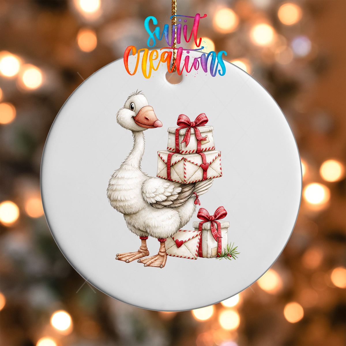 Christmas Gift Goose Ornament UV DTF Transfer | White Goose Carrying Cream Presents with Red Bows | O-2255 - Swiit Creations