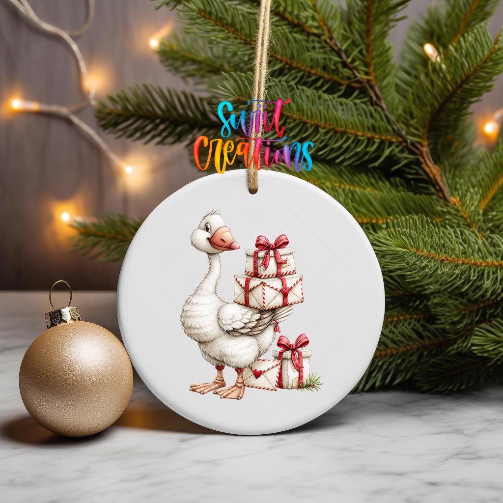 Christmas Gift Goose Ornament UV DTF Transfer | White Goose Carrying Cream Presents with Red Bows | O-2255 - Swiit Creations