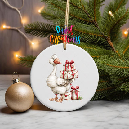 Christmas Gift Goose Ornament UV DTF Transfer | White Goose Carrying Cream Presents with Red Bows | O-2255 - Swiit Creations