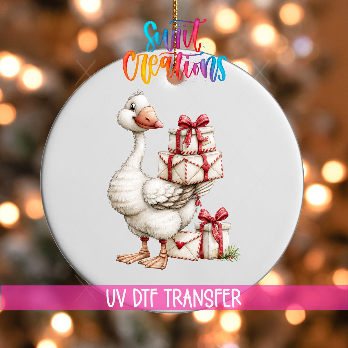 Christmas Gift Goose Ornament UV DTF Transfer | White Goose Carrying Cream Presents with Red Bows | O-2255 - Swiit Creations