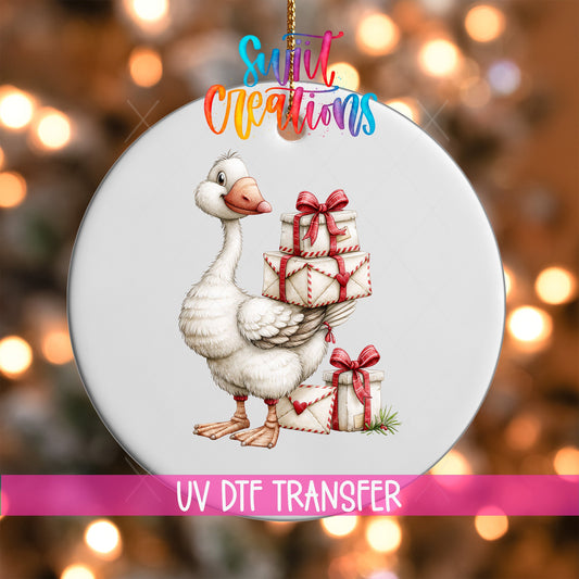 Christmas Gift Goose Ornament UV DTF Transfer | White Goose Carrying Cream Presents with Red Bows | O-2255 - Swiit Creations
