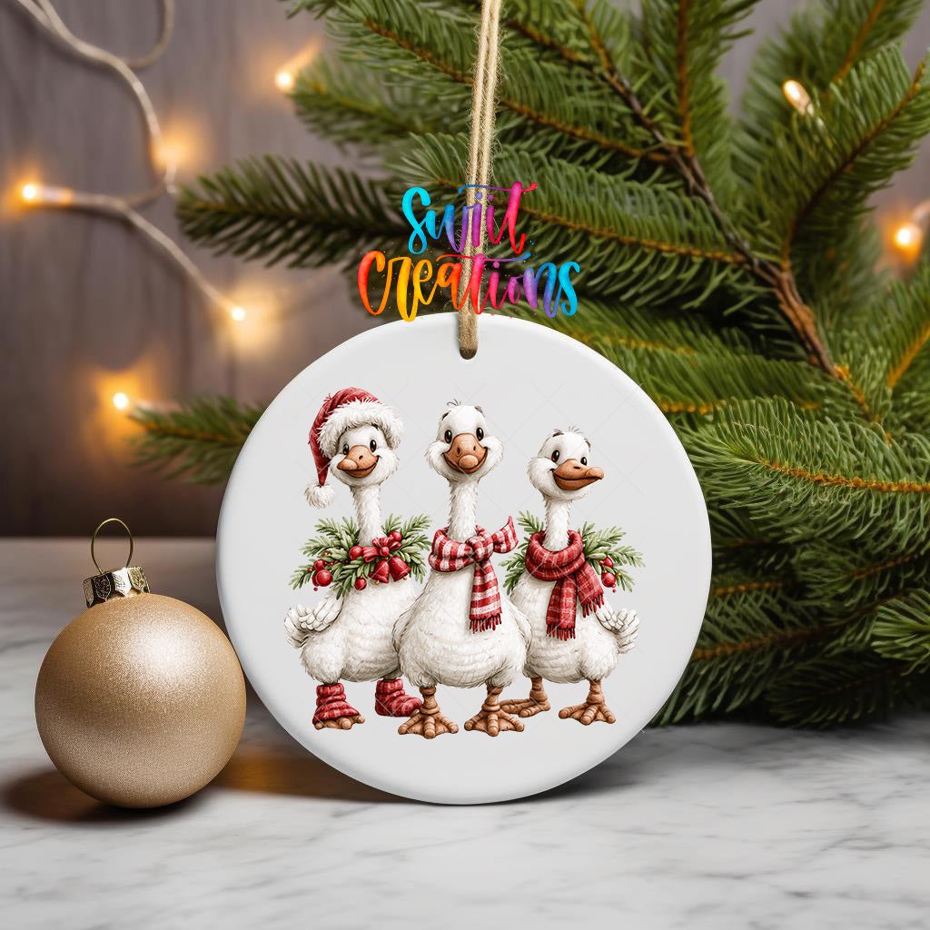 Christmas Goose Trio Ornament UV DTF Transfer | Three White Geese with Plaid Scarves and Greenery | O-2254 - Swiit Creations