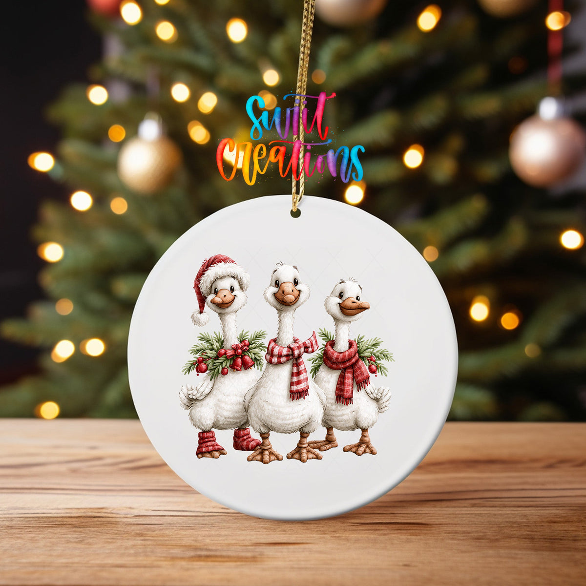 Christmas Goose Trio Ornament UV DTF Transfer | Three White Geese with Plaid Scarves and Greenery | O-2254 - Swiit Creations