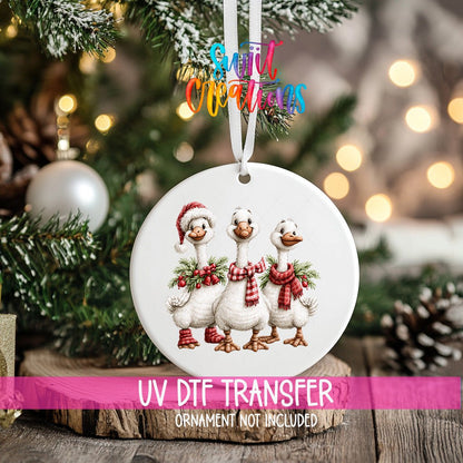 Christmas Goose Trio Ornament UV DTF Transfer | Three White Geese with Plaid Scarves and Greenery | O-2254 - Swiit Creations