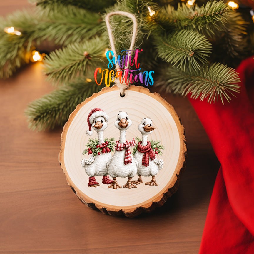 Christmas Goose Trio Ornament UV DTF Transfer | Three White Geese with Plaid Scarves and Greenery | O-2254 - Swiit Creations