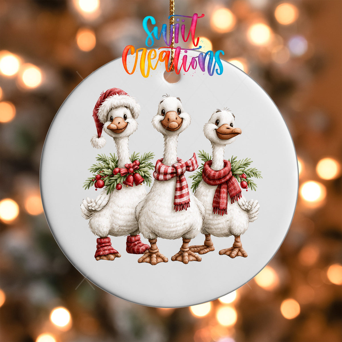 Christmas Goose Trio Ornament UV DTF Transfer | Three White Geese with Plaid Scarves and Greenery | O-2254 - Swiit Creations