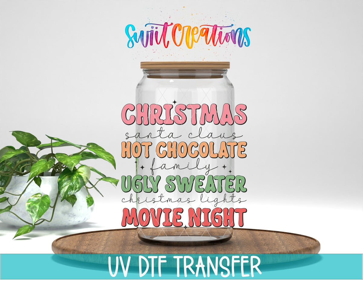 Swiit Creations UV DTF Christmas Hot Chocolate Ugly Sweater Movie transfer displayed on a clear jar mockup