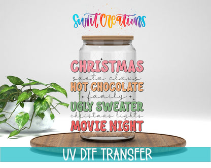 Swiit Creations UV DTF Christmas Hot Chocolate Ugly Sweater Movie transfer displayed on a clear jar mockup