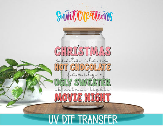 Swiit Creations UV DTF Christmas Hot Chocolate Ugly Sweater Movie transfer displayed on a clear jar mockup
