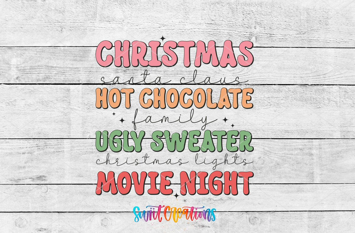 Swiit Creations UV DTF Christmas Hot Chocolate Ugly Sweater Movie transfer shown as the full artwork preview