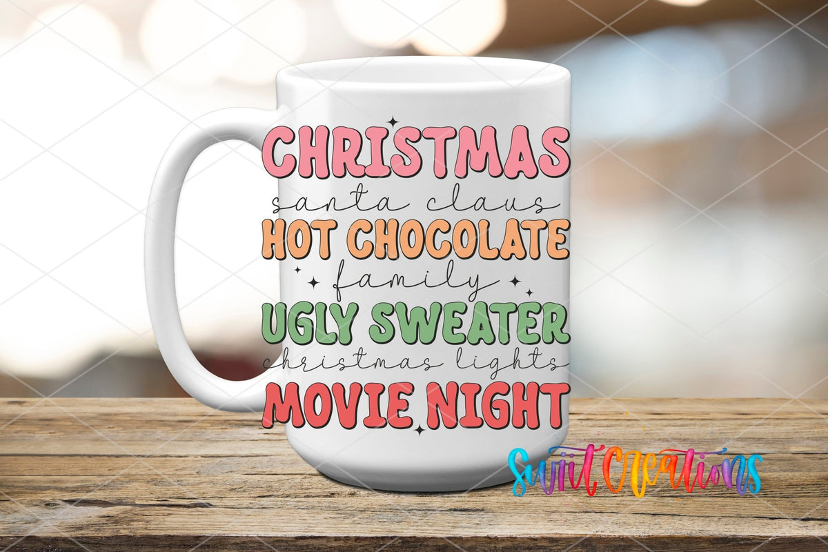 Swiit Creations UV DTF Christmas Hot Chocolate Ugly Sweater Movie transfer applied to a white ceramic mug