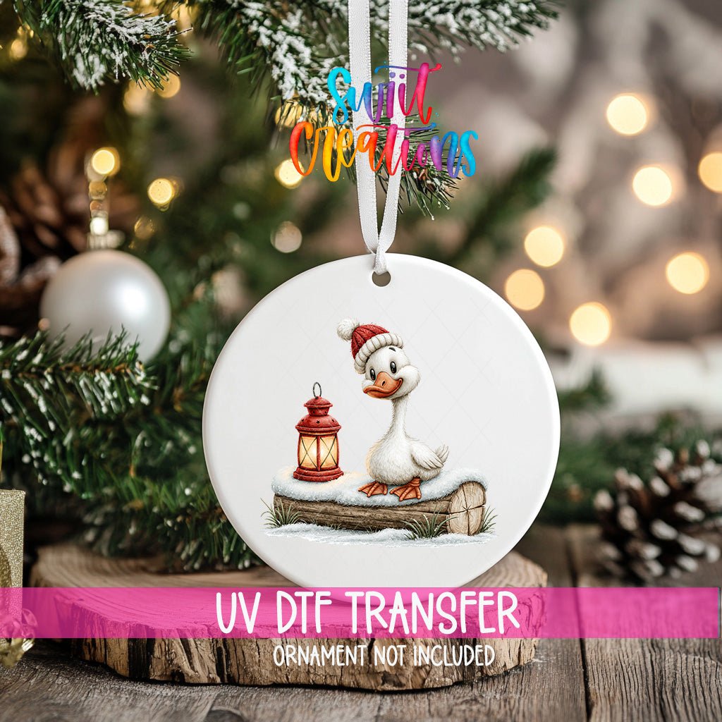 Christmas Lantern Goose Ornament UV DTF Transfer | White Goose in Knit Hat on Snowy Log | O-2253 - Swiit Creations