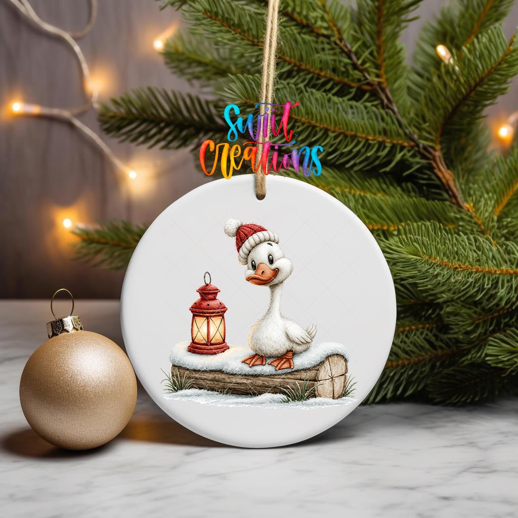 Christmas Lantern Goose Ornament UV DTF Transfer | White Goose in Knit Hat on Snowy Log | O-2253 - Swiit Creations