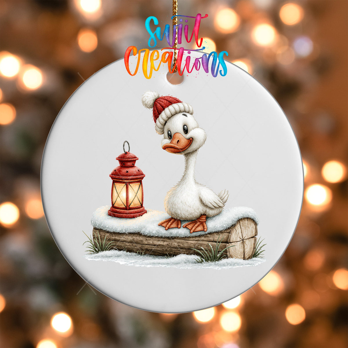 Christmas Lantern Goose Ornament UV DTF Transfer | White Goose in Knit Hat on Snowy Log | O-2253 - Swiit Creations