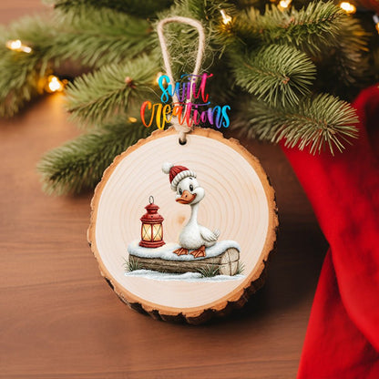 Christmas Lantern Goose Ornament UV DTF Transfer | White Goose in Knit Hat on Snowy Log | O-2253 - Swiit Creations
