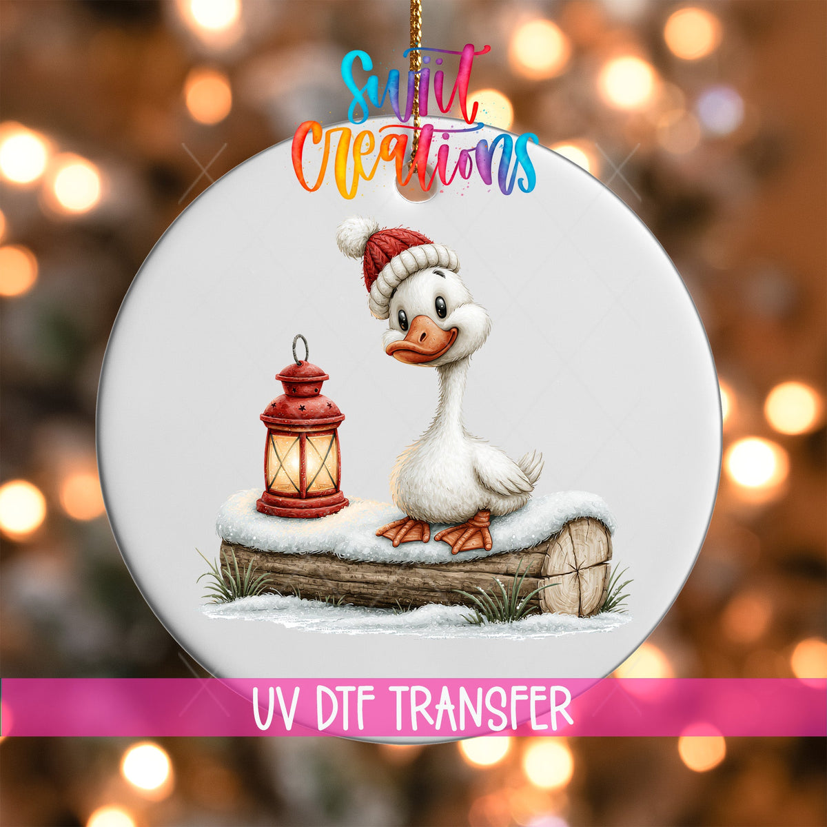 Christmas Lantern Goose Ornament UV DTF Transfer | White Goose in Knit Hat on Snowy Log | O-2253 - Swiit Creations