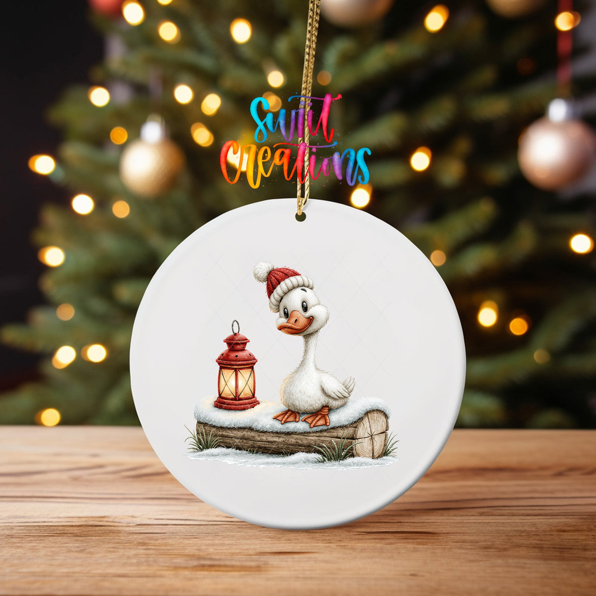 Christmas Lantern Goose Ornament UV DTF Transfer | White Goose in Knit Hat on Snowy Log | O-2253 - Swiit Creations