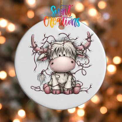 Christmas Lights Highland Cow Ornament UV DTF Transfer | Cute Pink Cow Tangled in Holiday Lights | O-2159 - Swiit Creations
