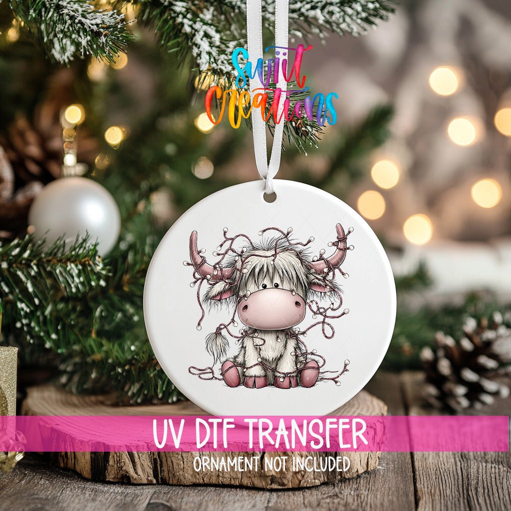 Christmas Lights Highland Cow Ornament UV DTF Transfer | Cute Pink Cow Tangled in Holiday Lights | O-2159 - Swiit Creations