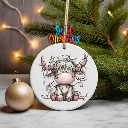Christmas Lights Highland Cow Ornament UV DTF Transfer | Cute Pink Cow Tangled in Holiday Lights | O-2159 - Swiit Creations