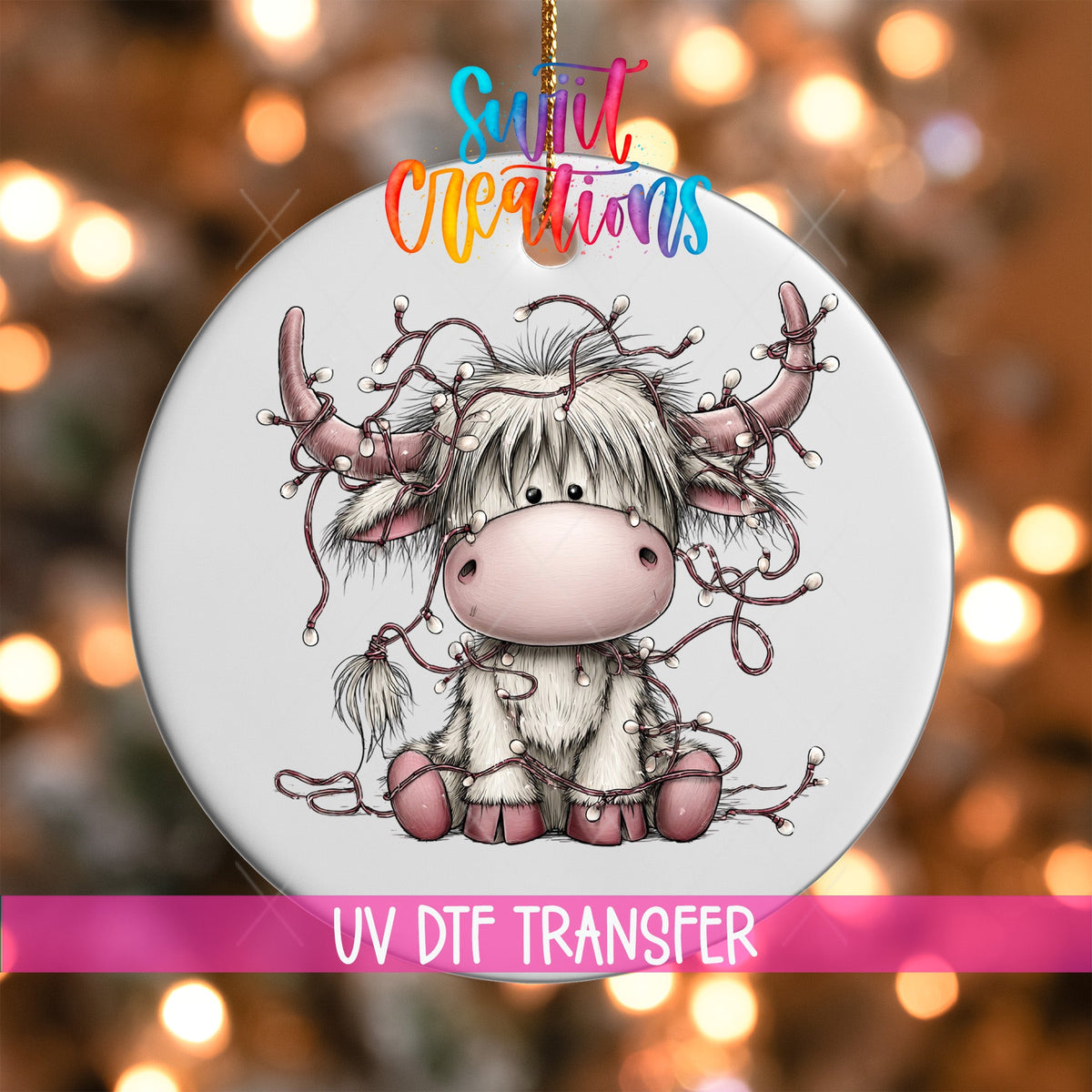 Christmas Lights Highland Cow Ornament UV DTF Transfer | Cute Pink Cow Tangled in Holiday Lights | O-2159 - Swiit Creations