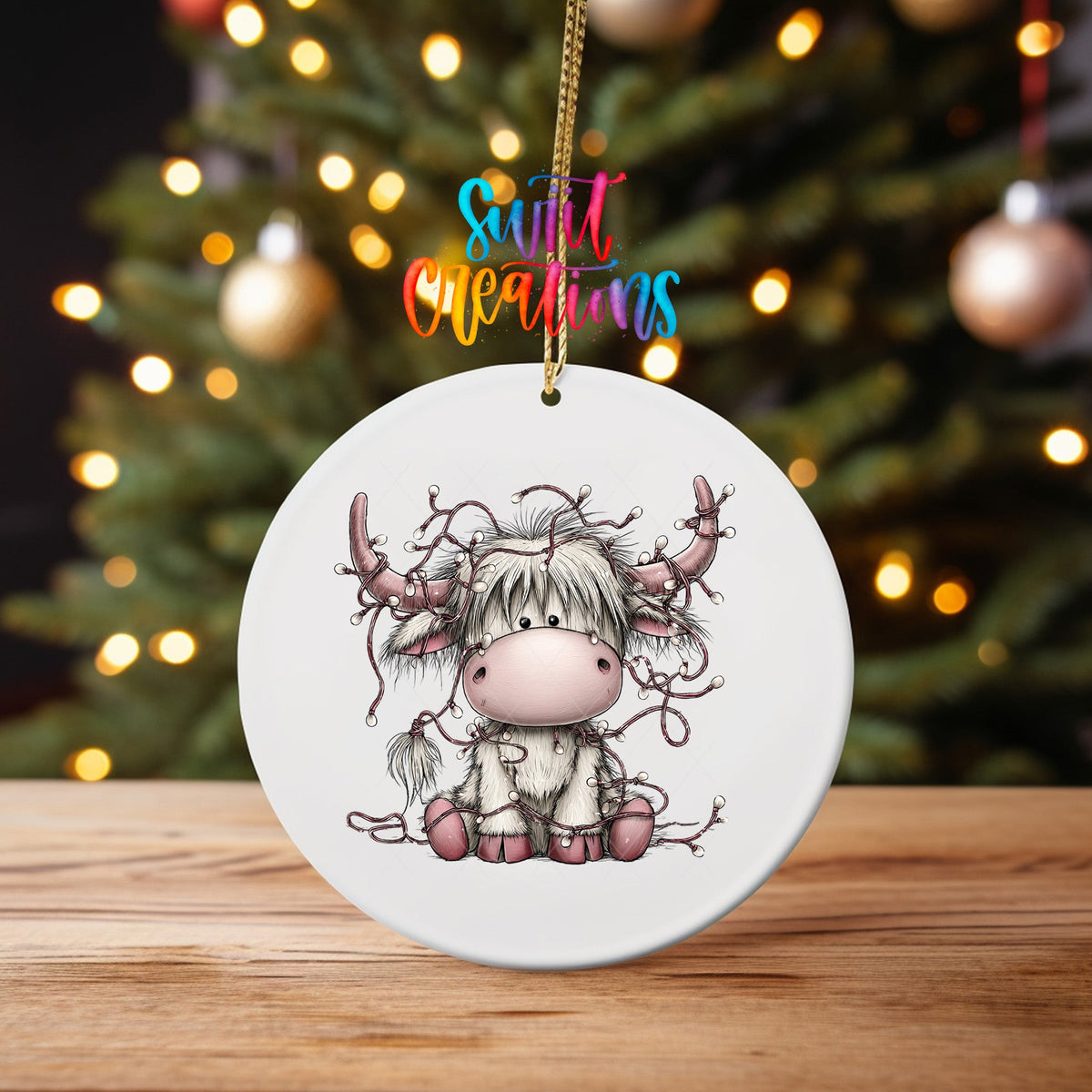 Christmas Lights Highland Cow Ornament UV DTF Transfer | Cute Pink Cow Tangled in Holiday Lights | O-2159 - Swiit Creations