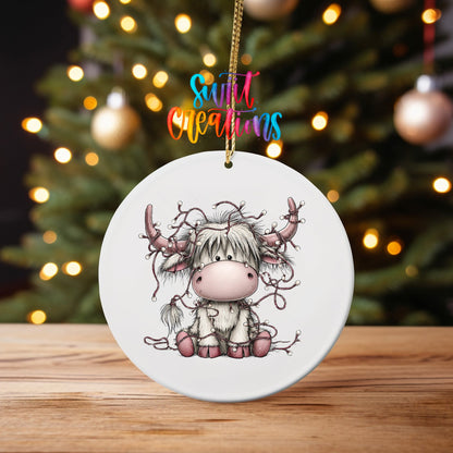Christmas Lights Highland Cow Ornament UV DTF Transfer | Cute Pink Cow Tangled in Holiday Lights | O-2159 - Swiit Creations