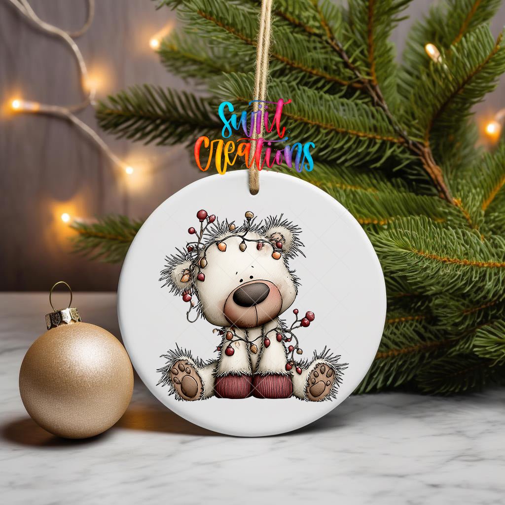 Christmas Lights White Bear Ornament UV DTF Transfer | Santa Hat Bear Tangled in Colorful Bulbs | O-2178 - Swiit Creations