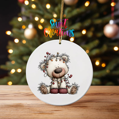 Christmas Lights White Bear Ornament UV DTF Transfer | Santa Hat Bear Tangled in Colorful Bulbs | O-2178 - Swiit Creations