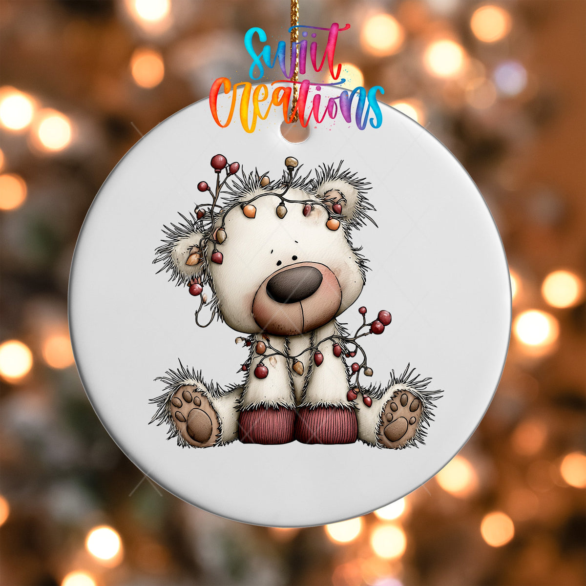 Christmas Lights White Bear Ornament UV DTF Transfer | Santa Hat Bear Tangled in Colorful Bulbs | O-2178 - Swiit Creations