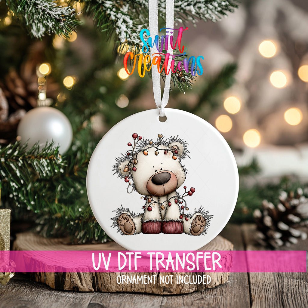 Christmas Lights White Bear Ornament UV DTF Transfer | Santa Hat Bear Tangled in Colorful Bulbs | O-2178 - Swiit Creations