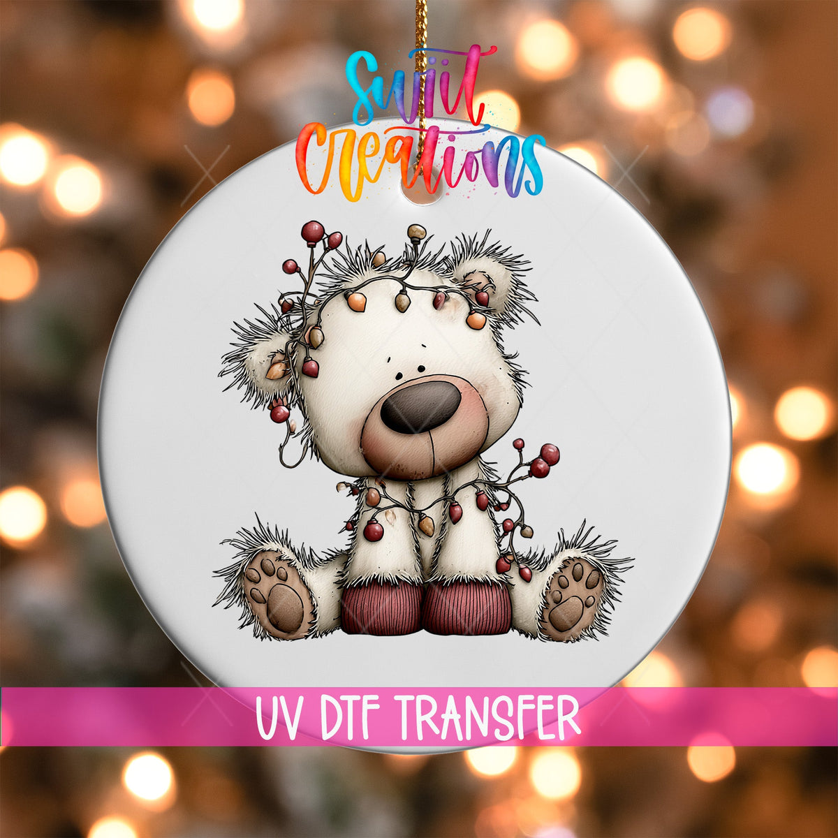 Christmas Lights White Bear Ornament UV DTF Transfer | Santa Hat Bear Tangled in Colorful Bulbs | O-2178 - Swiit Creations