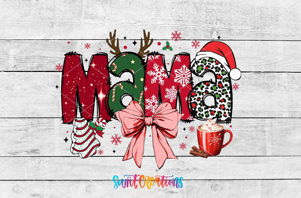 Swiit Creations UV DTF Christmas Mama Bow and Hot Cocoa transfer shown as the full artwork preview