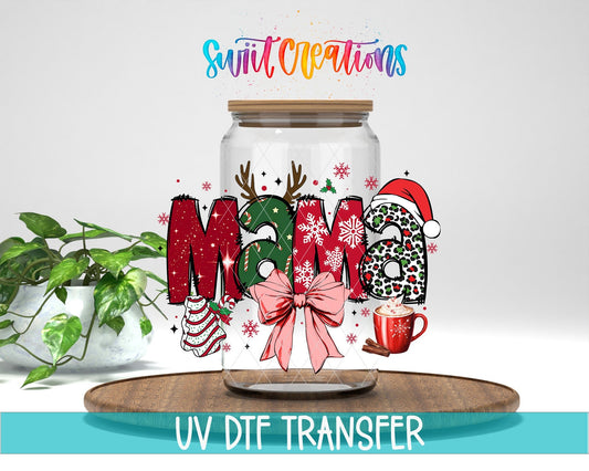 Swiit Creations UV DTF Christmas Mama Bow and Hot Cocoa transfer displayed on a clear jar mockup