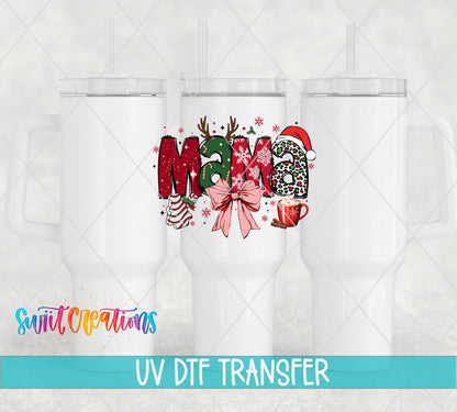 Swiit Creations UV DTF Christmas Mama Bow and Hot Cocoa transfer shown on a white tumbler set