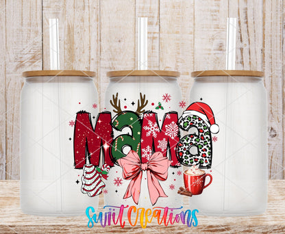 Swiit Creations UV DTF Christmas Mama Bow and Hot Cocoa transfer shown on a clear glass can set
