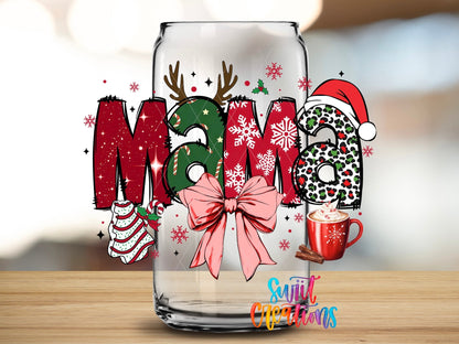 Swiit Creations UV DTF Christmas Mama Bow and Hot Cocoa transfer applied to a clear glass can