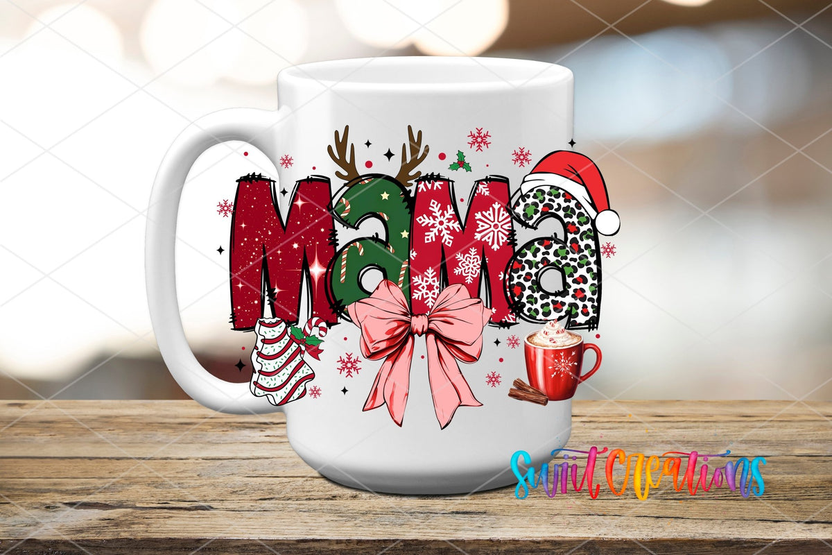 Swiit Creations UV DTF Christmas Mama Bow and Hot Cocoa transfer applied to a white ceramic mug