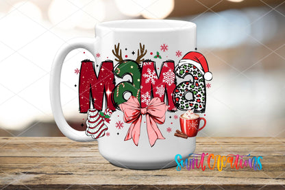 Swiit Creations UV DTF Christmas Mama Bow and Hot Cocoa transfer applied to a white ceramic mug