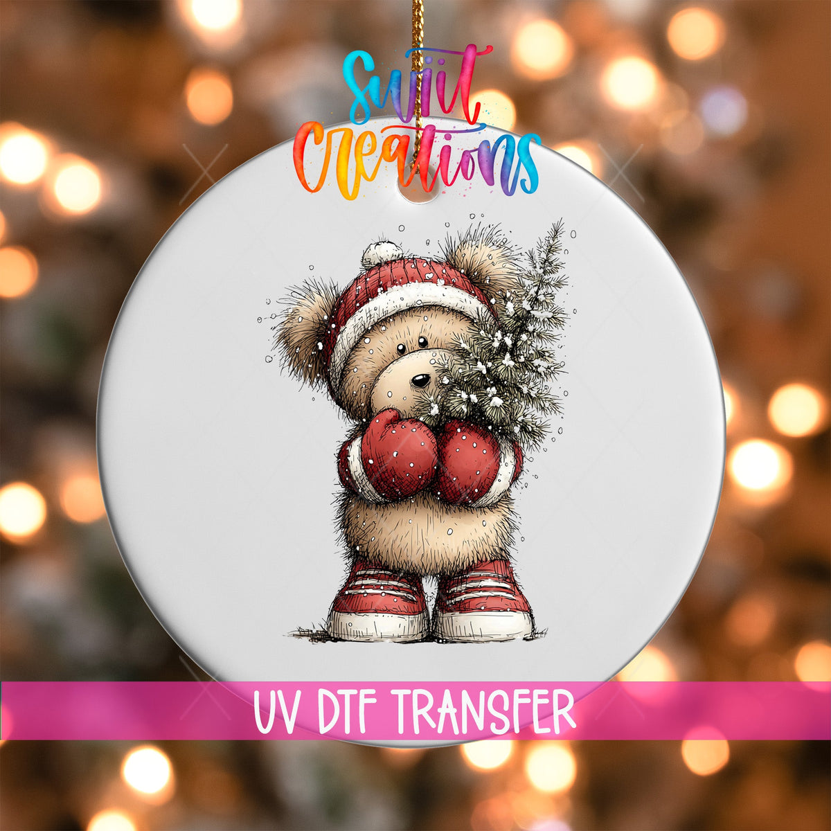 Christmas Ornament Decals - Woodland Bear Holding Tree UV DTF Transfer Holiday Decor | O-1868 - Swiit Creations