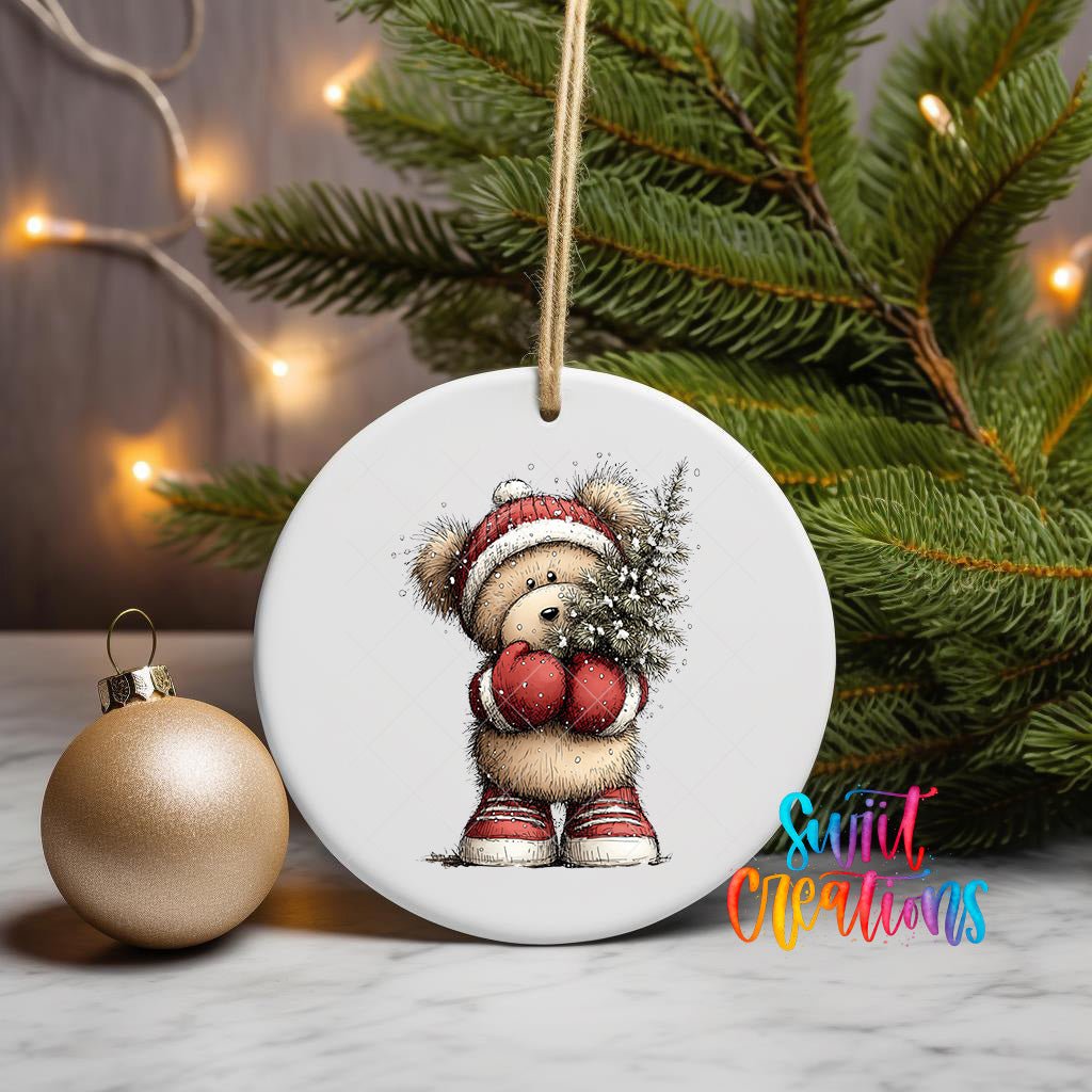 Christmas Ornament Decals - Woodland Bear Holding Tree UV DTF Transfer Holiday Decor | O-1868 - Swiit Creations