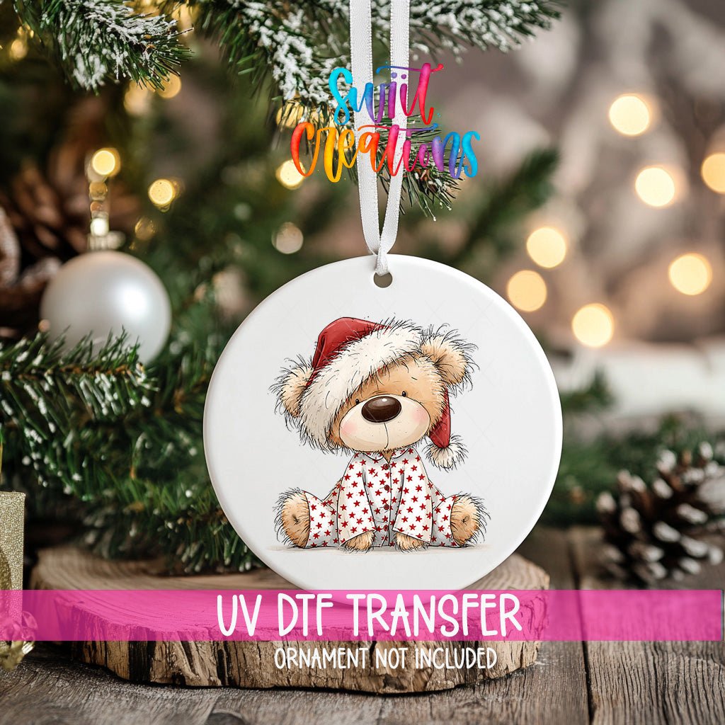 Christmas Pajama Teddy Bear Ornament UV DTF Transfer | Cozy Bear in Red Star Sleepwear | O-2173 - Swiit Creations