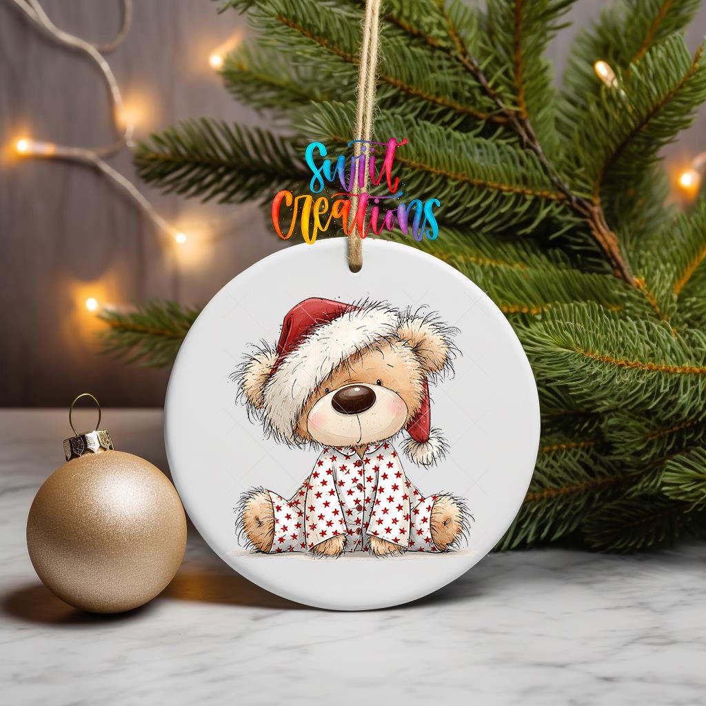 Christmas Pajama Teddy Bear Ornament UV DTF Transfer | Cozy Bear in Red Star Sleepwear | O-2173 - Swiit Creations