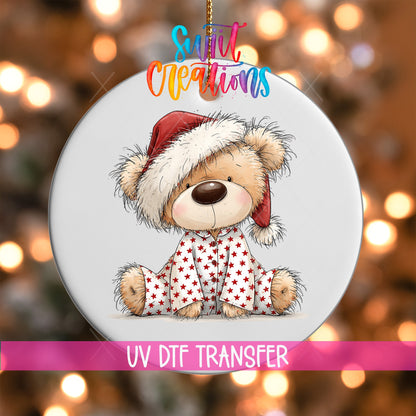 Christmas Pajama Teddy Bear Ornament UV DTF Transfer | Cozy Bear in Red Star Sleepwear | O-2173 - Swiit Creations