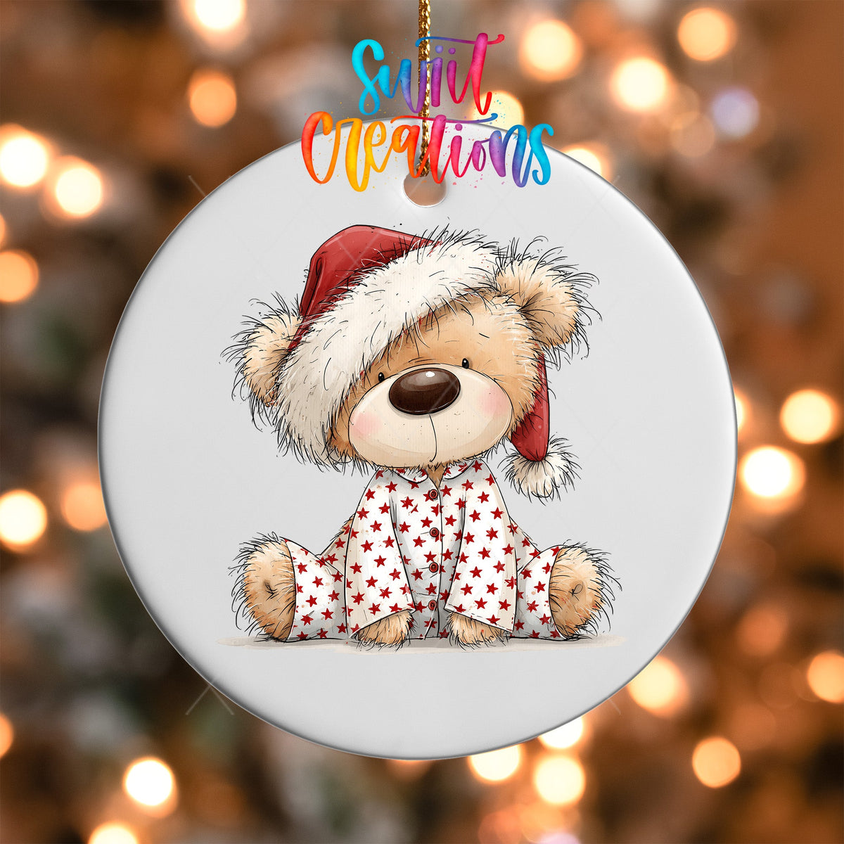 Christmas Pajama Teddy Bear Ornament UV DTF Transfer | Cozy Bear in Red Star Sleepwear | O-2173 - Swiit Creations