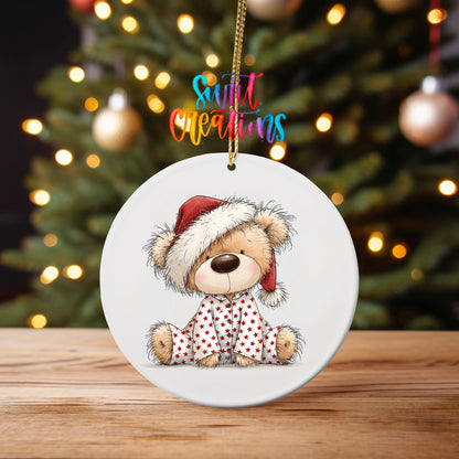 Christmas Pajama Teddy Bear Ornament UV DTF Transfer | Cozy Bear in Red Star Sleepwear | O-2173 - Swiit Creations