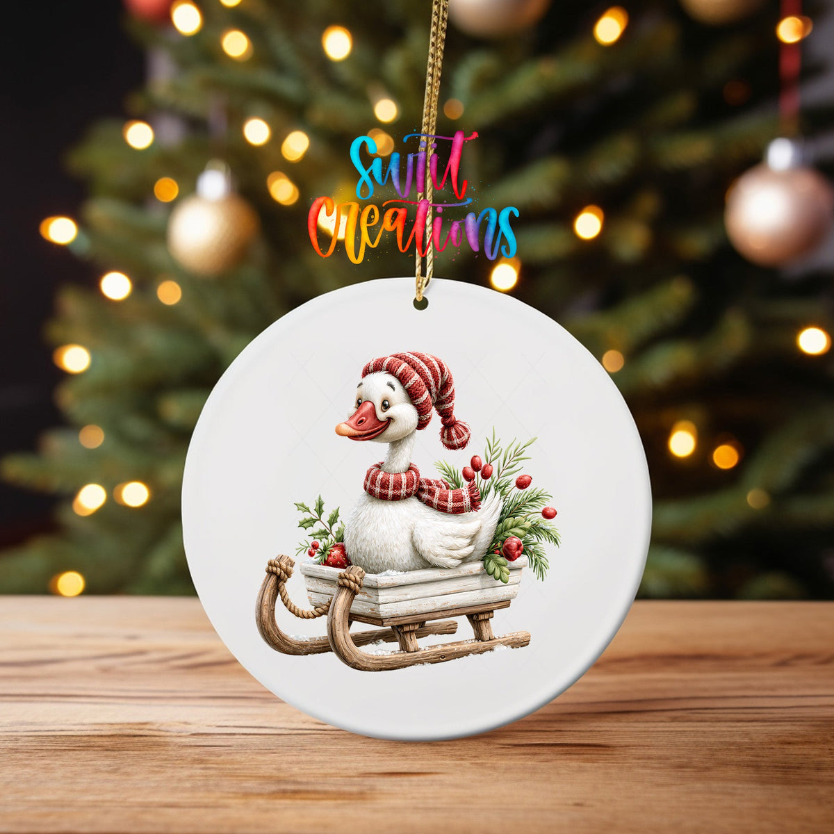 Christmas Sleigh Goose Ornament UV DTF Transfer | Knit Hat Goose with Greenery and Red Berries | O-2256 - Swiit Creations