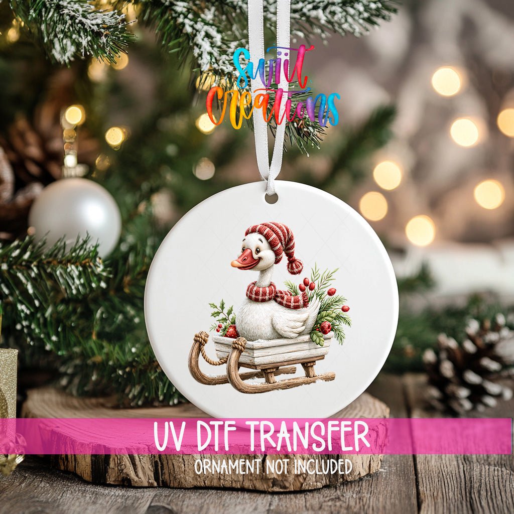 Christmas Sleigh Goose Ornament UV DTF Transfer | Knit Hat Goose with Greenery and Red Berries | O-2256 - Swiit Creations